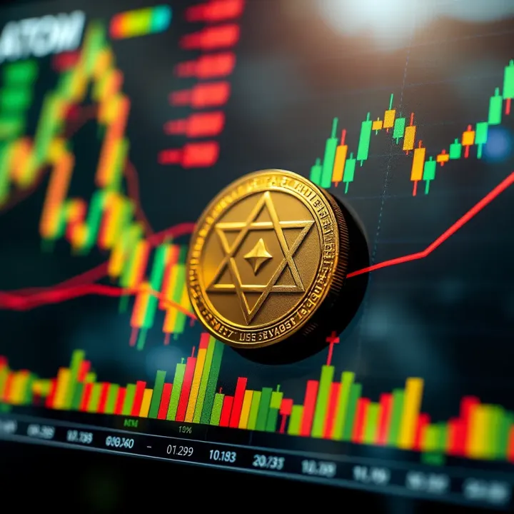 Graph showing ATOM cryptocurrency price fluctuations with trend lines and market indicators