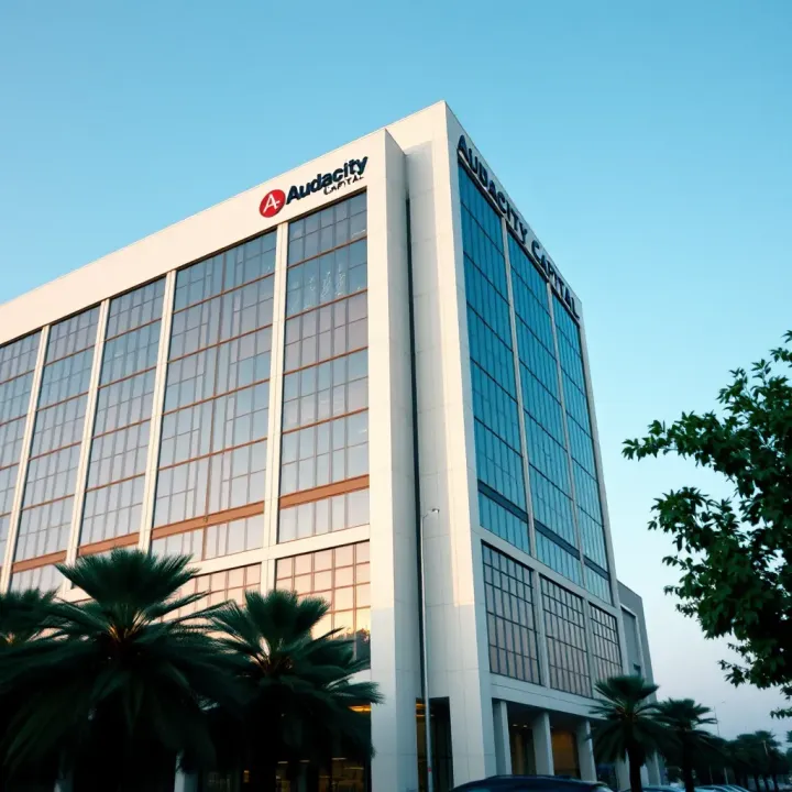 Modern office building representing financial firm headquarters with a clear blue sky