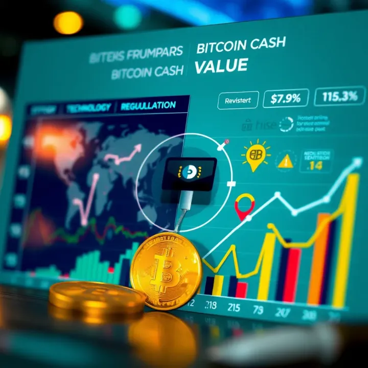 Chart illustrating key factors influencing Bitcoin Cash value with icons representing technology, regulation, and investor sentiment