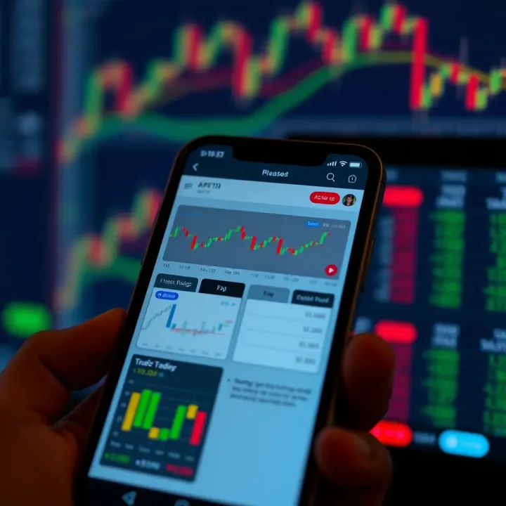 Financial Charts and Trading Options on Mobile App Mobile phone screen displaying various financial charts and trading options on a user-friendly interface