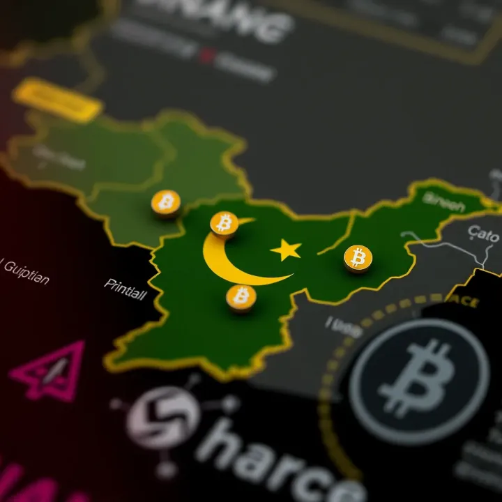 Map highlighting Pakistan with digital currency symbols indicating Binance deposit options and localized trading guidance