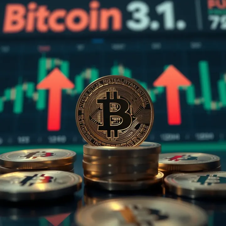 Bitcoin Market Predictions and Investment Risks for Pakistani Investors Illustration of digital bitcoin coins with upward and downward arrows representing market predictions and investment risks