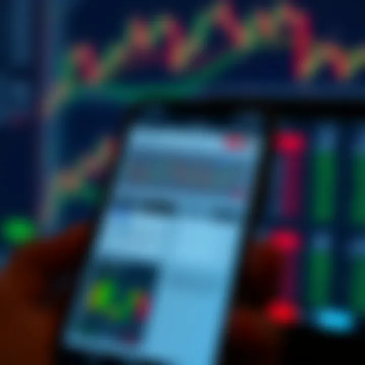 Mobile phone screen displaying various financial charts and trading options on a user-friendly interface
