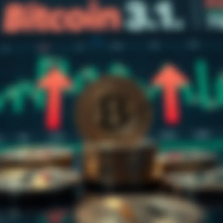 Illustration of digital bitcoin coins with upward and downward arrows representing market predictions and investment risks