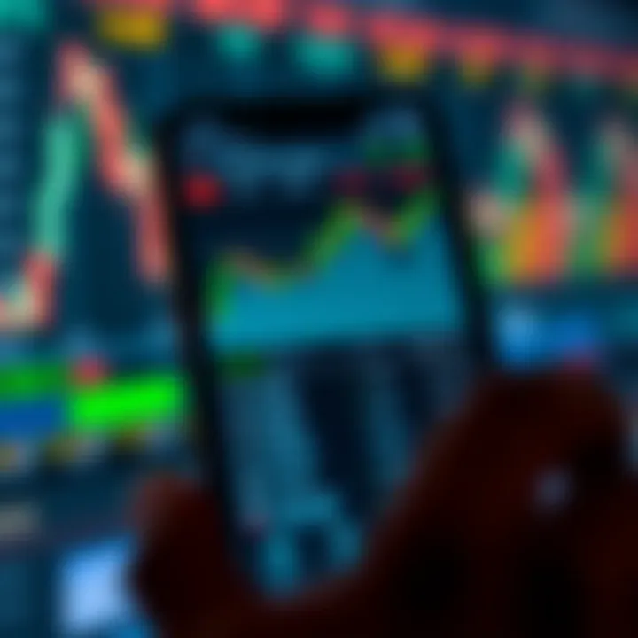 Mobile phone displaying forex trading app interface with currency charts and trading options