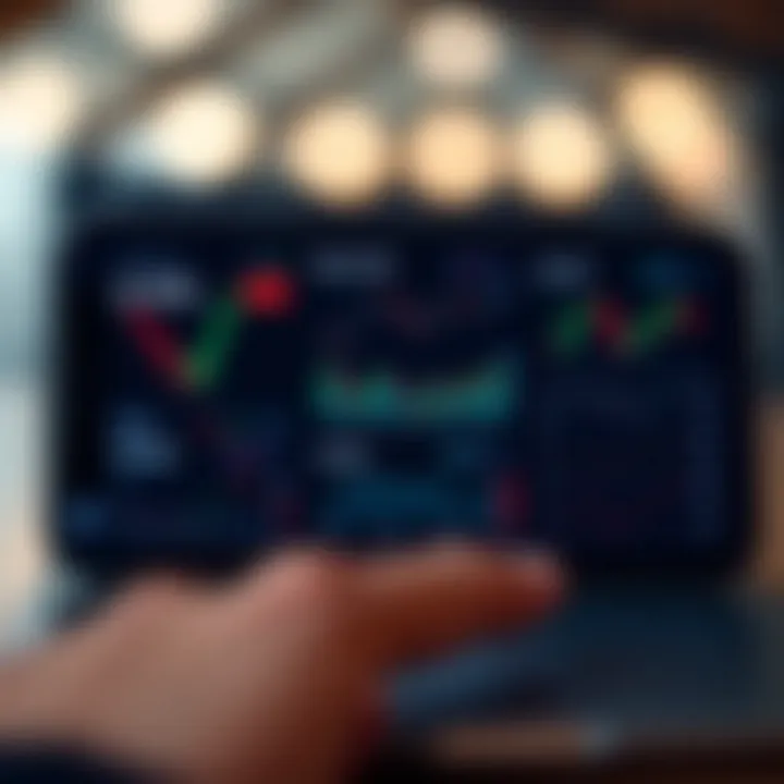 Mobile phone screen showing various online trading app features and charts in a modern interface