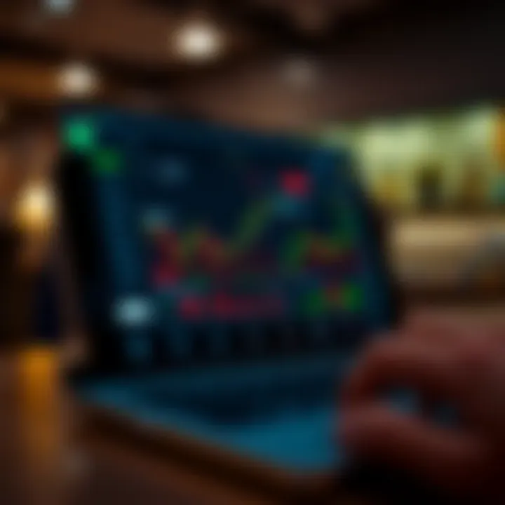 Mobile device displaying various online trading app features and charts