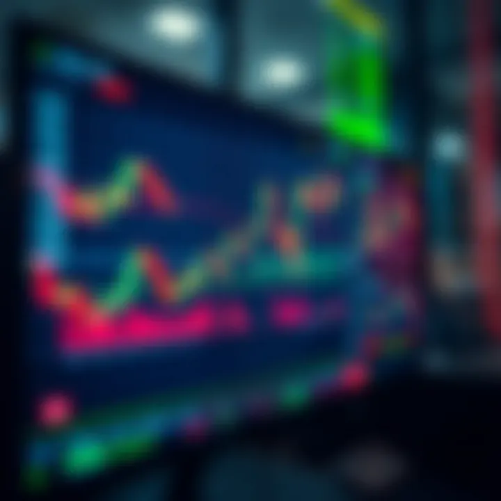 A digital screen displaying dynamic forex market charts and currency pairs, emphasizing trading analytics