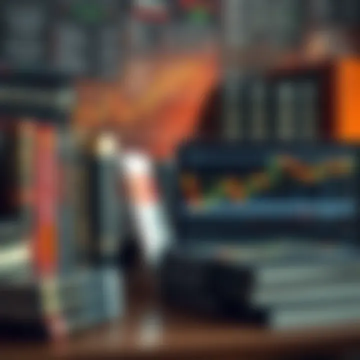 Trading Books Collection with Market Data Display Collection of trading books and a laptop displaying stock market data