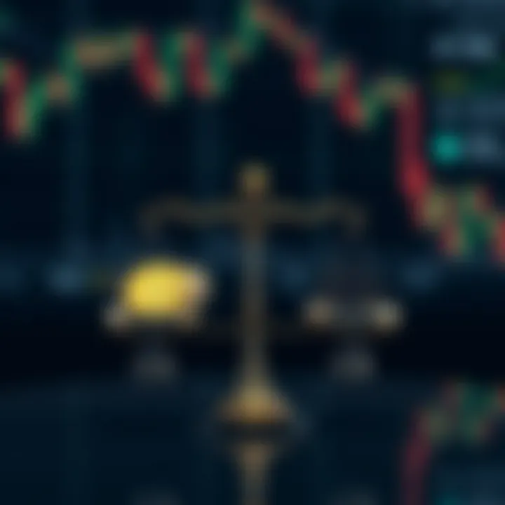 Illustration of risk and reward scales with cryptocurrency icons representing the balance of benefits and risks