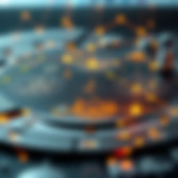 Digital representation of blockchain technology connected with Islamic symbols and financial icons