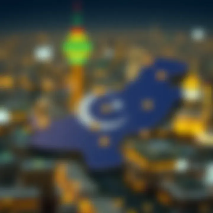Map of Pakistan highlighted with cryptocurrency symbols and digital currency network links