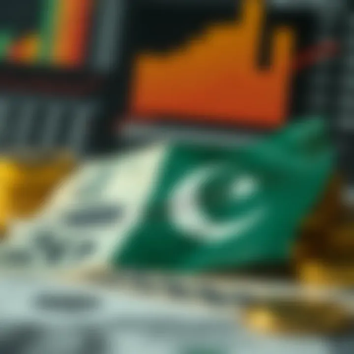 Visual representation of economic indicators affecting currency value including inflation, trade balance, and government policy