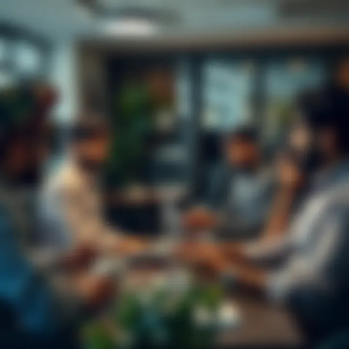 Team members engaging in a vibrant business discussion with diverse cultural elements visible in the workspace