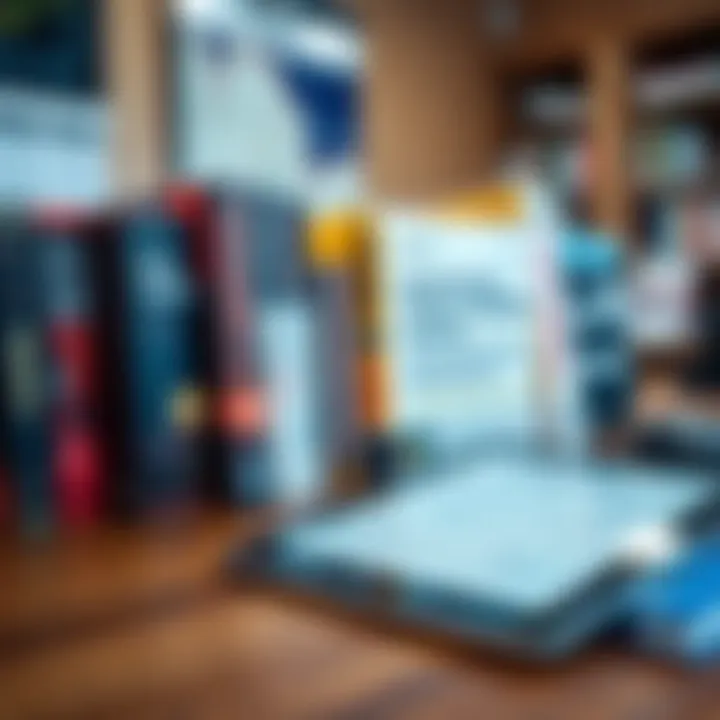 Collection of popular trading books displayed on a wooden desk with a digital tablet showing a PDF document