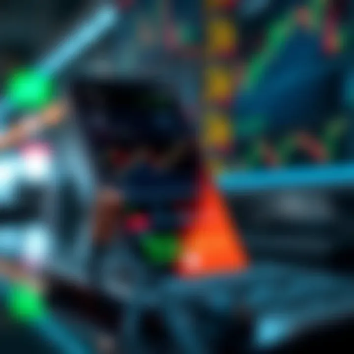 Mobile phone screen showing a trading app interface with graphs and market data