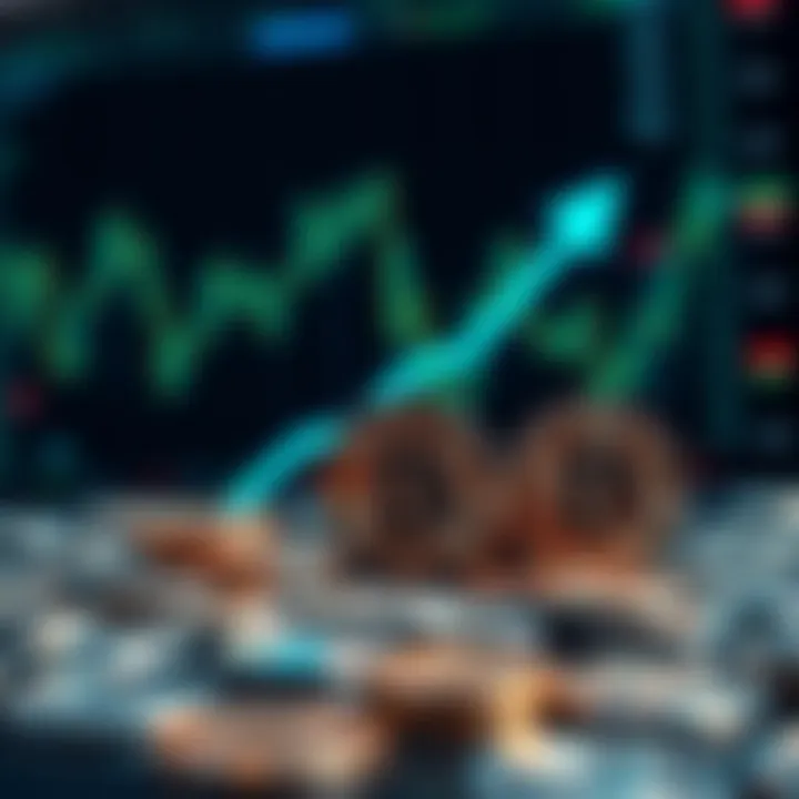 Digital representation of coins with upward arrows symbolizing market growth and investment potential