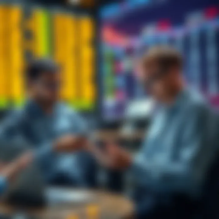 Traders discussing future market trends on mobile devices