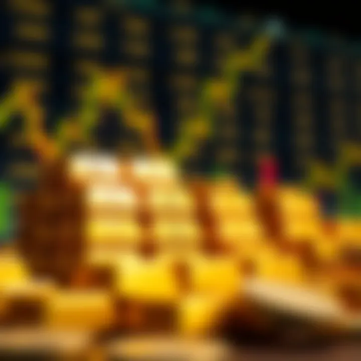 Gold bars stacked with fluctuating forex currency symbols in the background
