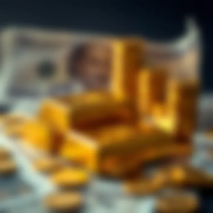 Close-up of gold bars with currency notes in the background symbolizing investment