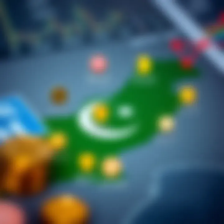 Map of Pakistan with digital asset icons and regulatory symbols indicating guidelines for halal crypto investments