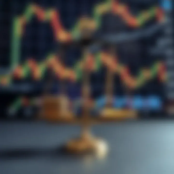 A balance scale symbolizing halal and haram concepts with financial charts in the background