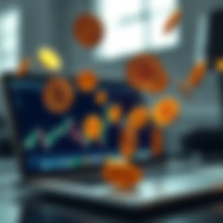Digital tokens floating above a laptop screen representing cryptocurrency airdrop engagement