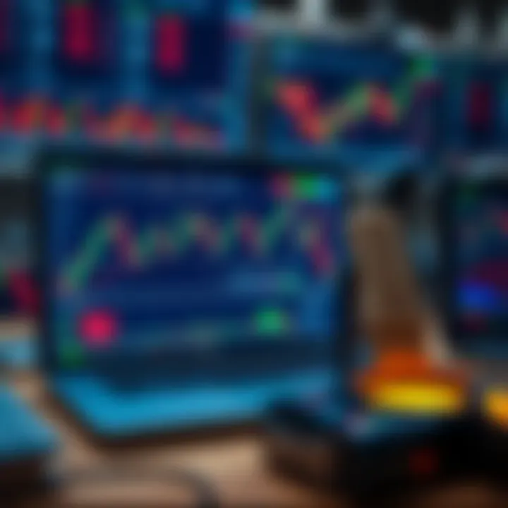 Representation of trading tools including a laptop displaying market data and risk management icons