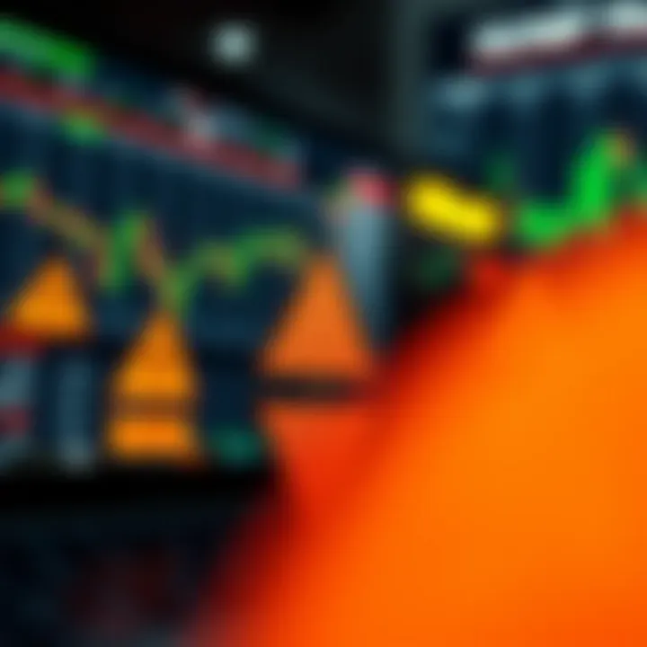 Conceptual illustration of digital trading platform with legal symbols and caution signs