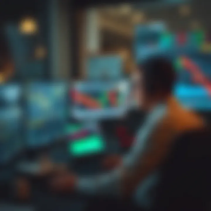 Illustration of a trader analyzing charts on multiple monitors while practicing strategies