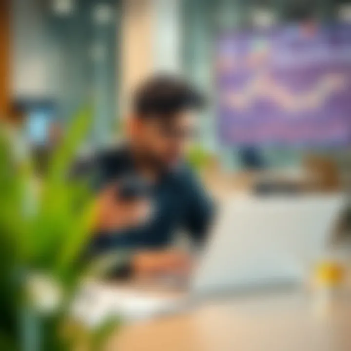 Pakistani Investor Reviewing Financial Market Trends Illustration of a Pakistani investor analyzing financial graphs with a laptop and smartphone