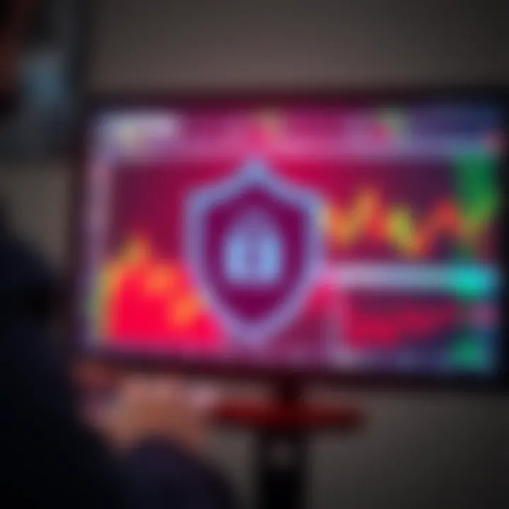 Graphic showing security shield icon overlaying a desktop computer to represent secure trading environment