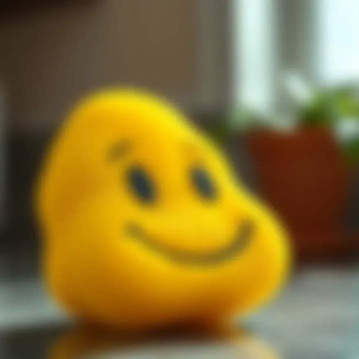 Close-up view of a bright yellow Scrub Daddy sponge showcasing its unique texture and smiling face design
