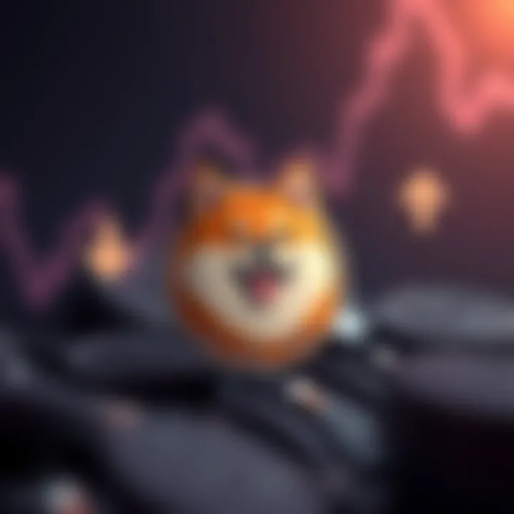 Digital illustration of Shiba Inu token with upward and downward arrows symbolizing market volatility