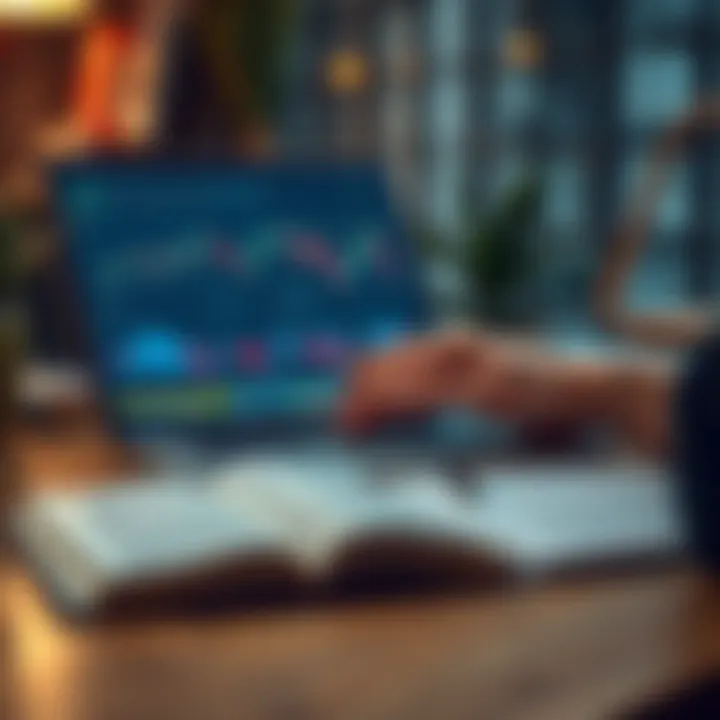 Person analyzing stock market charts on a laptop with trading books and notes beside the computer