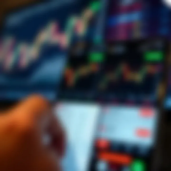 User interface of a mobile trading application displaying stock market charts and trading options