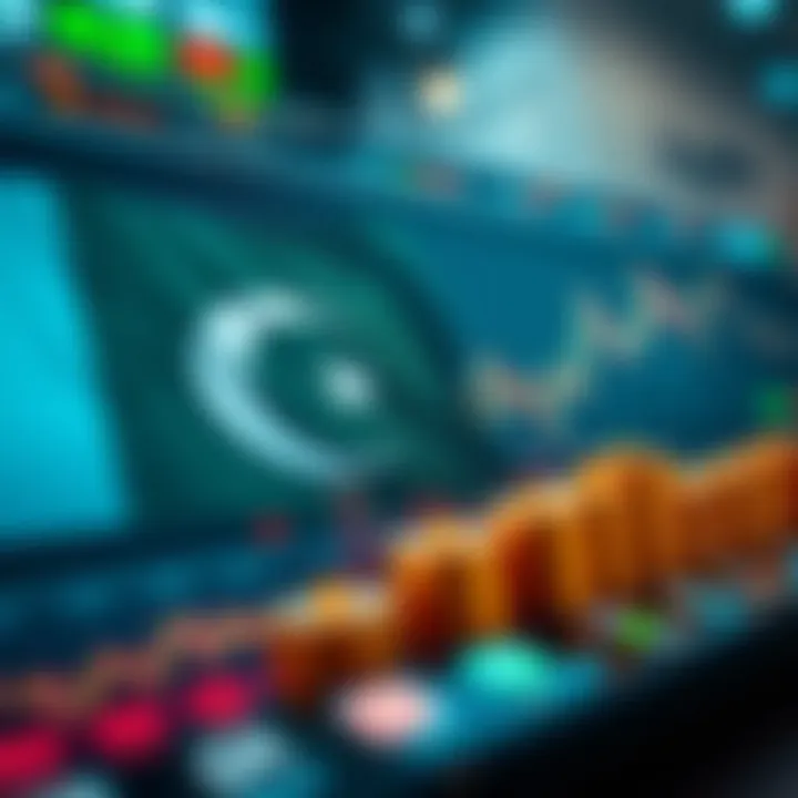 Graphical representation of stock market trends with Pakistani flag and financial icons