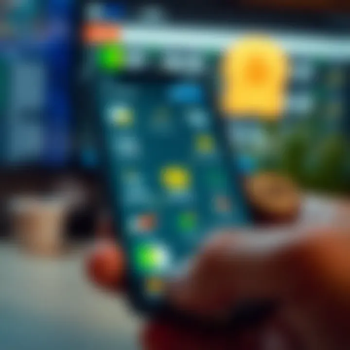 Illustration of a smartphone showing features of a trading app with financial icons and security symbols
