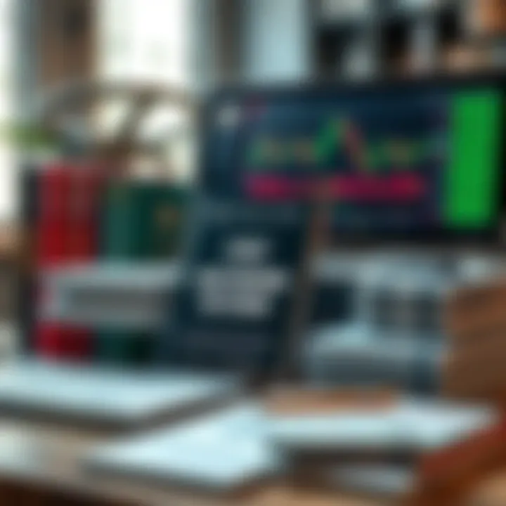 Collection of trading books and PDF documents displayed alongside a laptop with financial data on screen