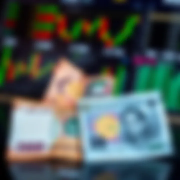 Currency notes of UAE Dirham and Pakistani Rupee with market analytics charts