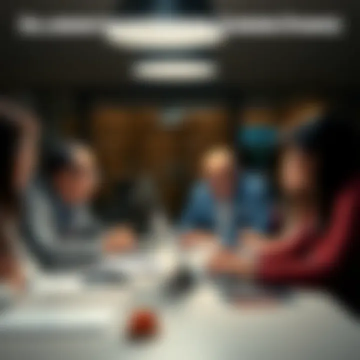 Team members engaged in a collaborative discussion around a table with laptops and notes