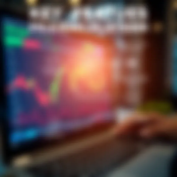 Illustration of a digital trading platform with highlighted features and icons