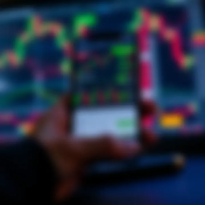 Mobile phone displaying a demo trading app interface with charts and financial data