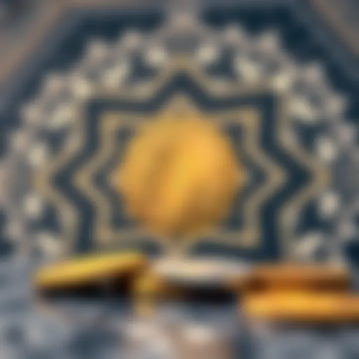 Graphic showing digital currency symbols with Islamic geometric patterns in the background representing halal cryptocurrency concepts