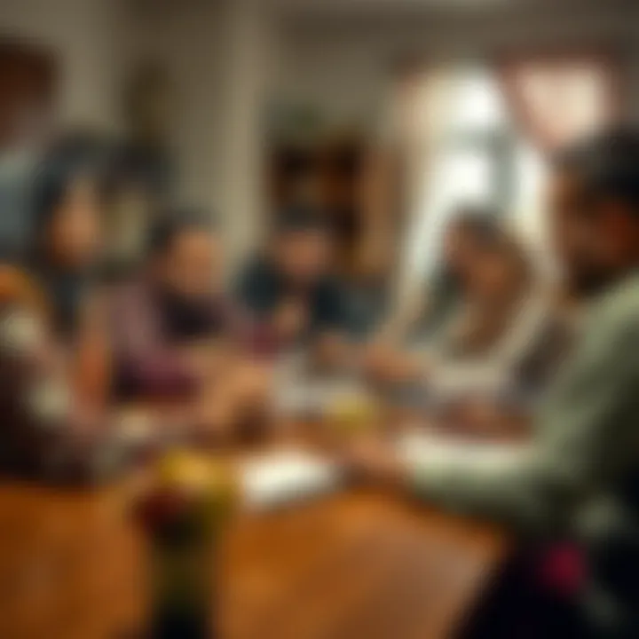 Family discussing household budget and financial plans around a table