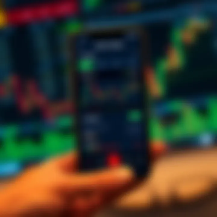Mobile phone displaying a stock trading app interface with charts and investment options