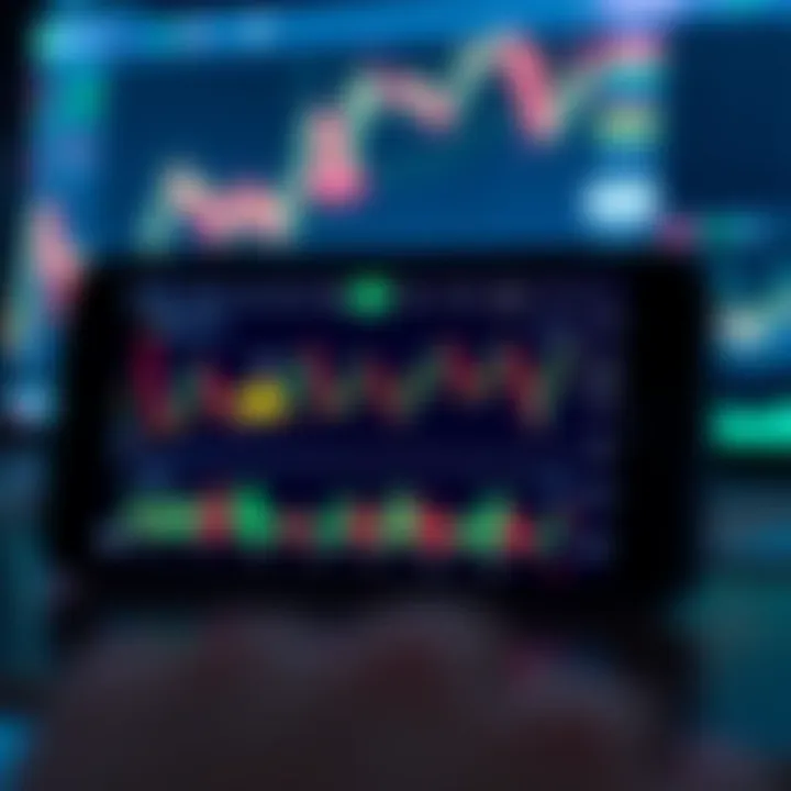 Mobile device displaying a trading app interface with charts and market data