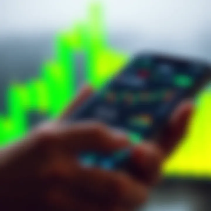 Mobile device displaying a trading application interface with charts and data analytics