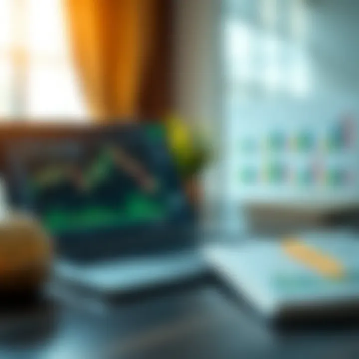 Chart analysis on a laptop with trading books and notes beside it