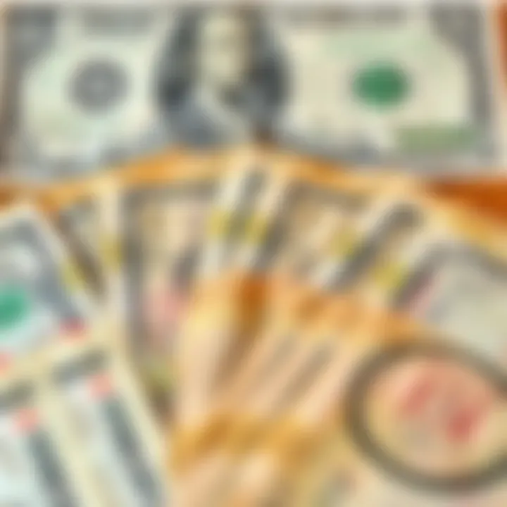 Pakistani rupee banknotes spread out with a US dollar bill in the background